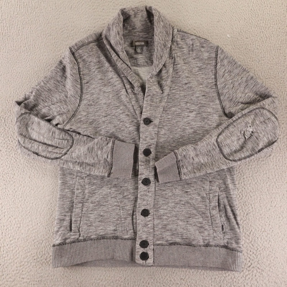 Kenneth Cole Reaction Sweater Mens L Gray Heathered/Marled Cotton Cardigan
